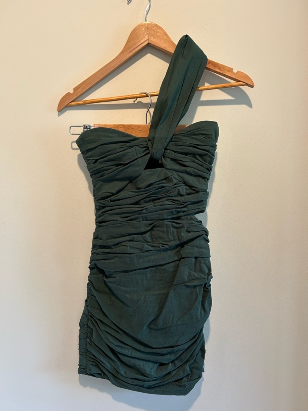 Zara One-Shoulder Ruched Dress in Deep Green